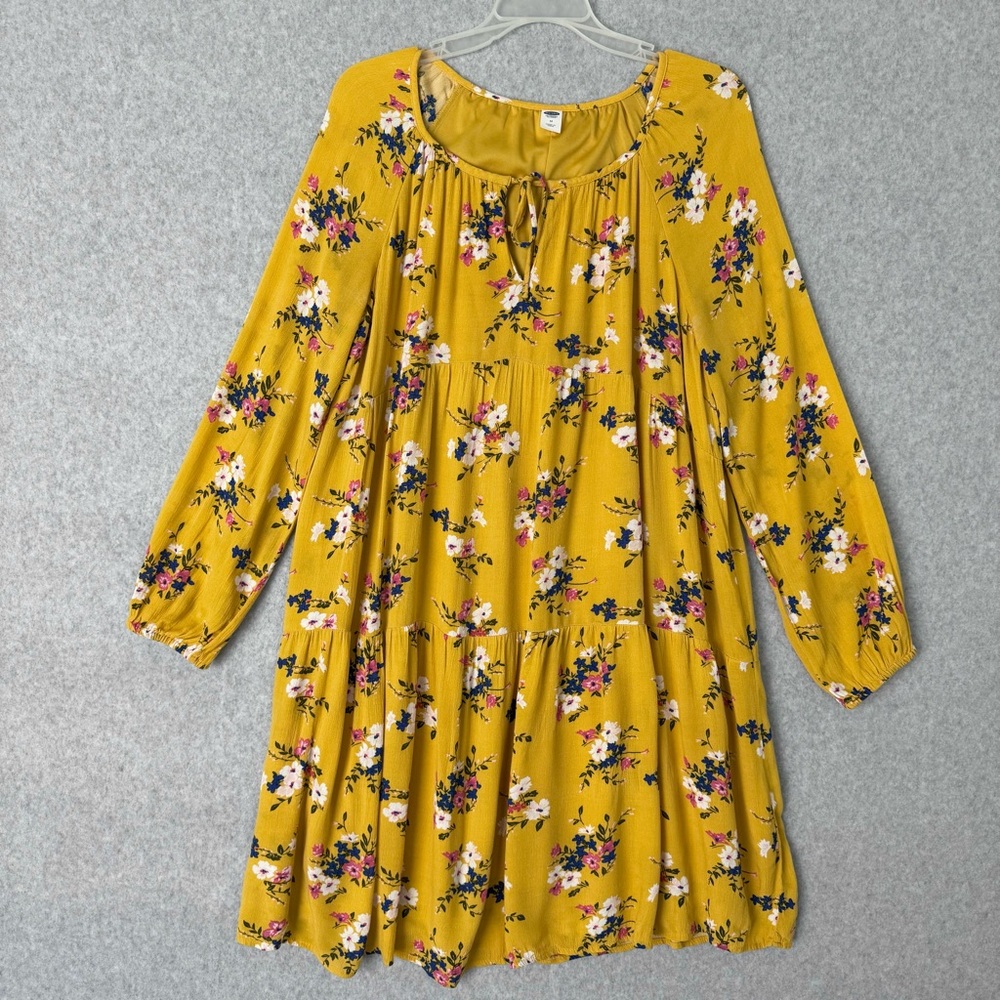Old Navy Womens Boho Dress Size Medium Tiered Yellow Floral Long Sleeves READ